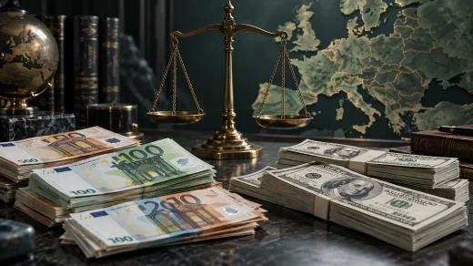 Euro ve dolar banknotlarıyla pirinç denge terazisi