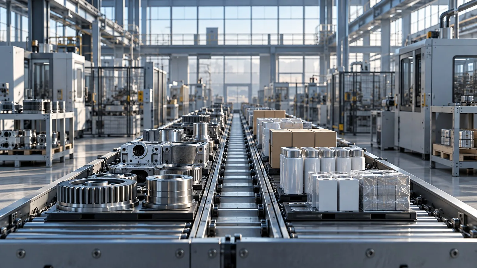 Fabrikada makine parçaları ve tüketim ürünleri