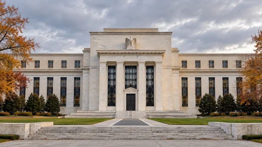 Sonbahar ağaçları arasında Fed binasının taş cephesi