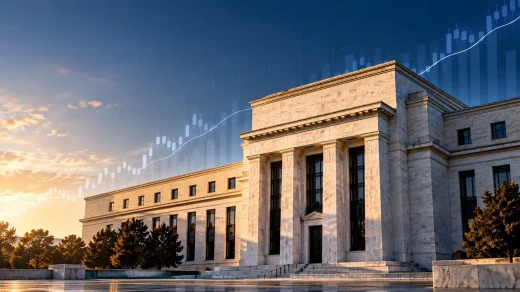 ABD Merkez Bankası binası önünde büyüme ve piyasa verilerini temsil eden çizgiler, insansız ve logosuz görsel