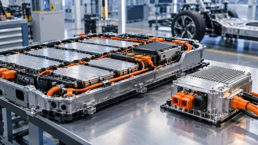 Otomotiv laboratuvarında batarya paketi, yüksek voltaj kabloları ve güç elektroniği modülü
