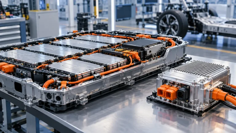 Otomotiv laboratuvarında batarya paketi, yüksek voltaj kabloları ve güç elektroniği modülü
