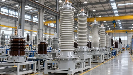Fabrika içinde sıralanmış seramik yalıtkanlı yüksek gerilim ekipmanları