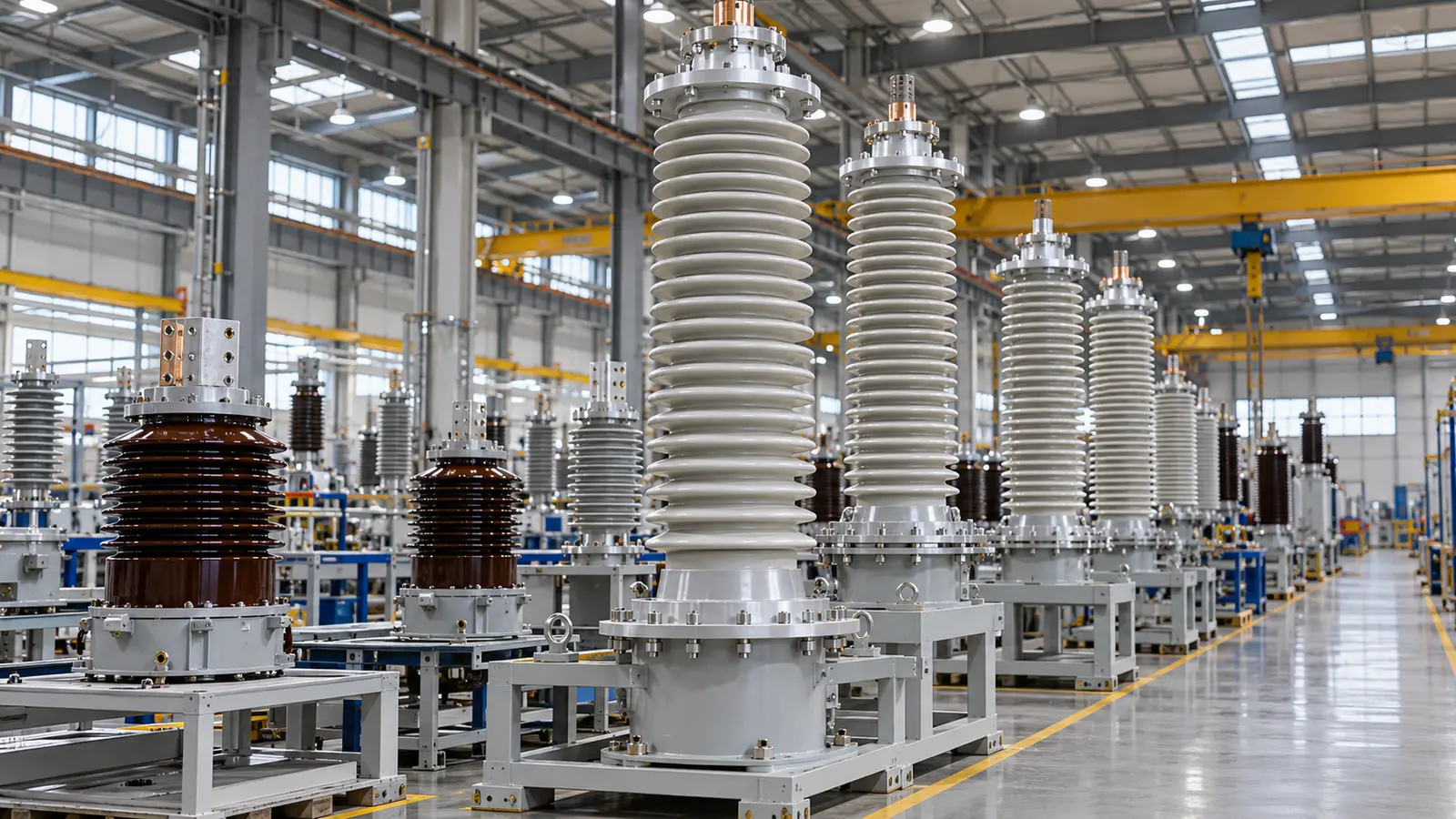 Fabrika içinde sıralanmış seramik yalıtkanlı yüksek gerilim ekipmanları