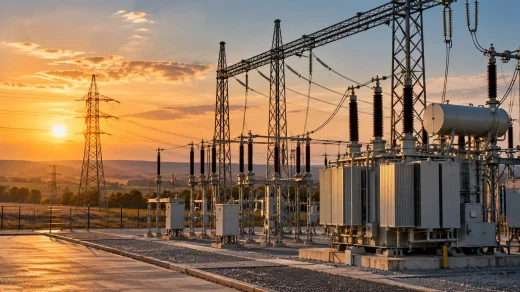 Elektrik iletim trafo merkezi ve yüksek gerilim hatları