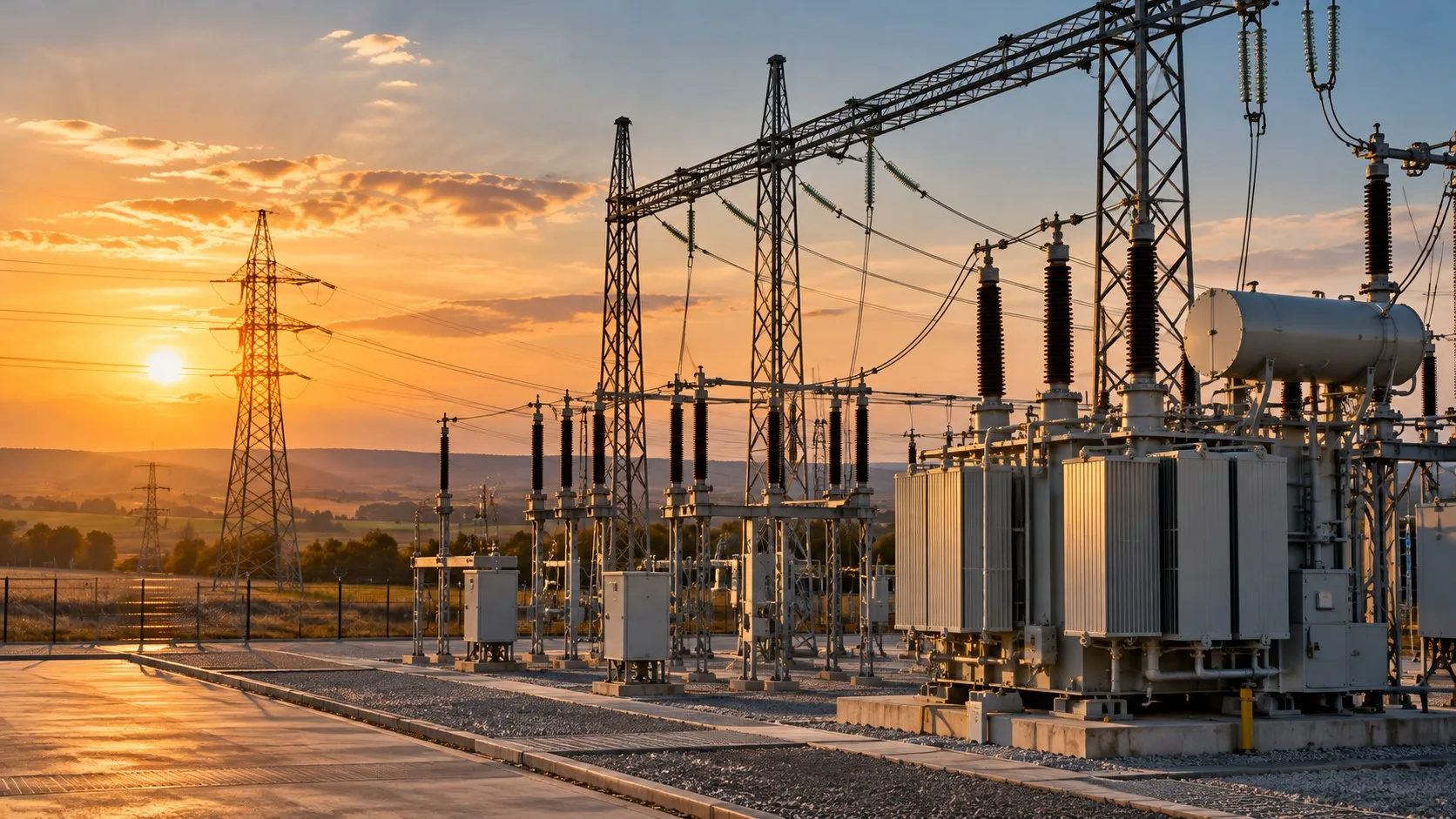 Elektrik iletim trafo merkezi ve yüksek gerilim hatları
