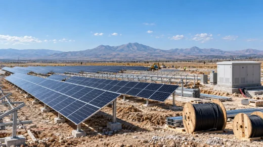 Konya ovasında montajı süren güneş panelleri, kablo makaraları ve trafo ünitesi görülüyor.