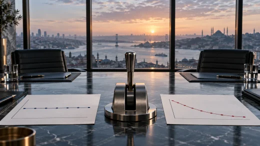 İstanbul manzaralı toplantı odasında orta konumda kilitli metal kontrol kolu ve iki farklı yönü gösteren kâğıt yollar