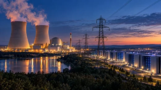 Nükleer enerji santralinden veri merkezi kampüsüne uzanan yüksek gerilim iletim hatları
