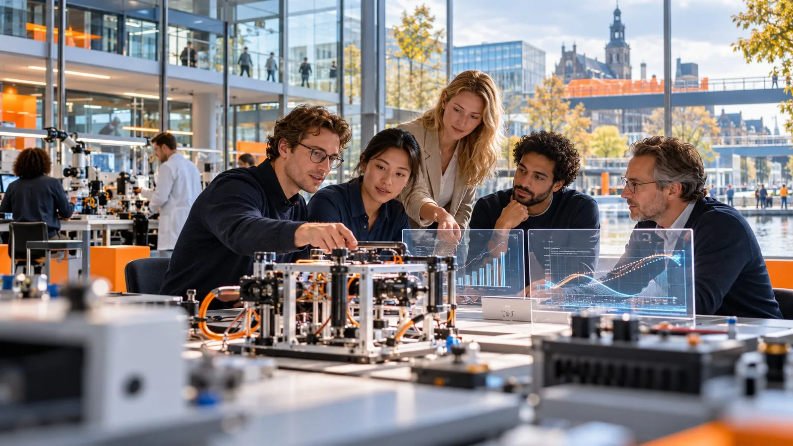 Üniversite laboratuvarında teknoloji prototipi üzerinde çalışan girişimci ve araştırmacılar