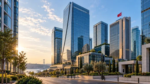 Cam cepheli ofis kuleleri ve Türk bayrağı