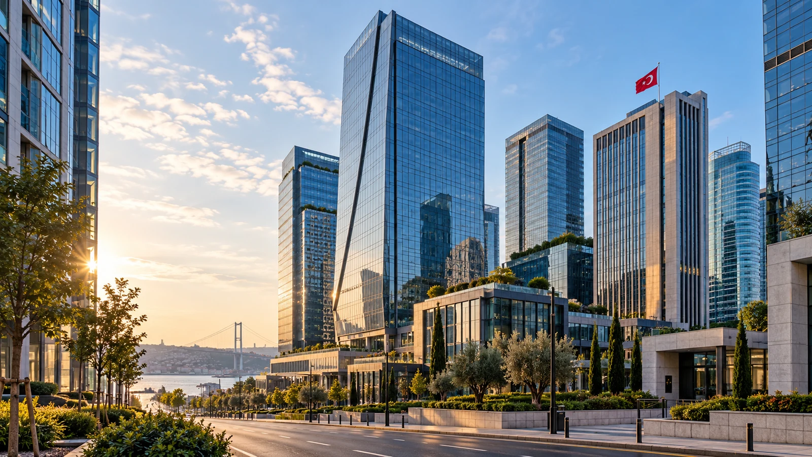 Cam cepheli ofis kuleleri ve Türk bayrağı