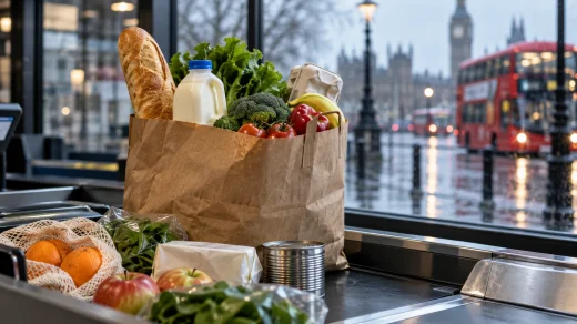 Yağmurlu Londra manzarası önünde temel gıda ürünleriyle dolu alışveriş torbası