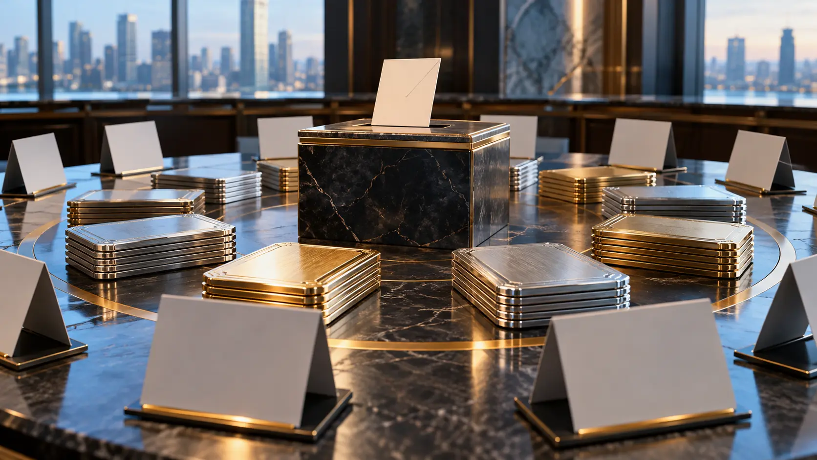 Merkezde kapalı teklif kutusu, çevresinde isimsiz teklif kartları ve metal pay sembolleri