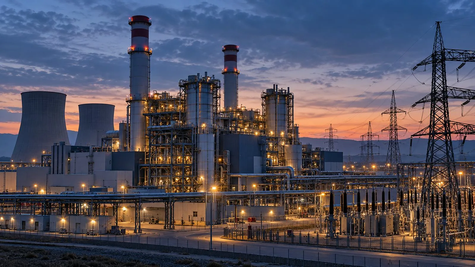 Akşam saatlerinde elektrik üretim tesisi ve yüksek gerilim hatları