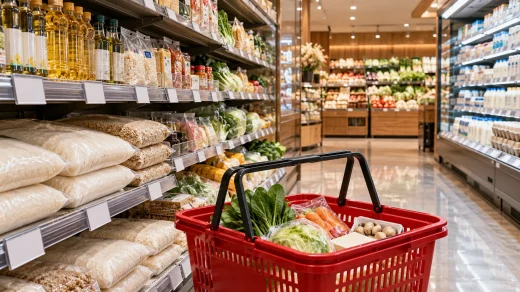 Japonya’daki modern bir markette pirinç, yağ, süt ürünleri ve sebzelerle dolu rafların önündeki kırmızı alışveriş sepeti