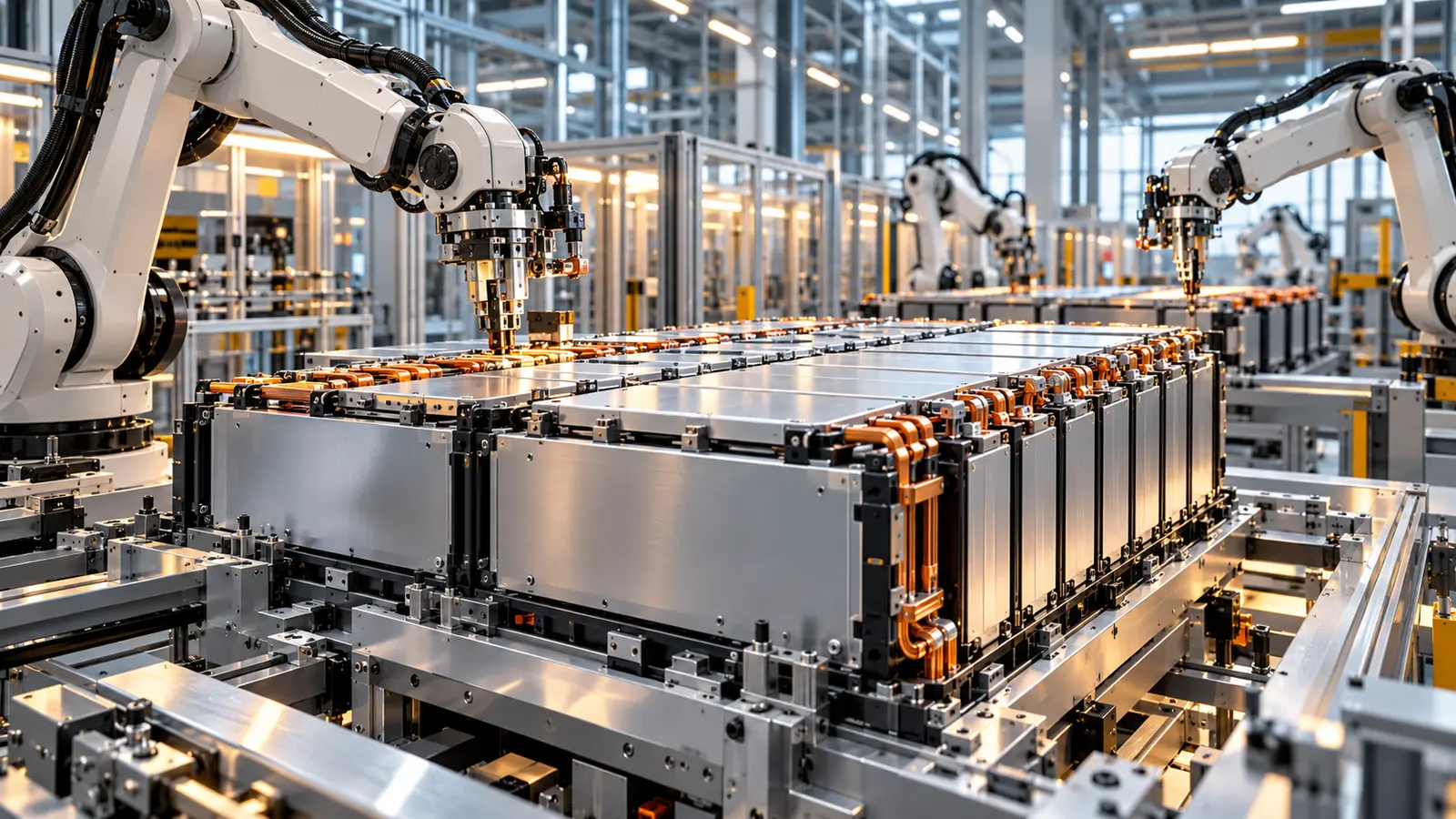 Robot kollarla batarya modüllerinin birleştirildiği üretim hattı