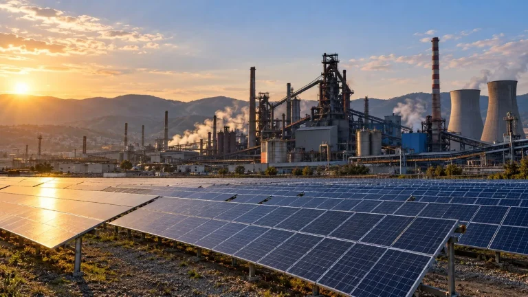 Çelik üretim tesisi önünde geniş güneş enerjisi santrali