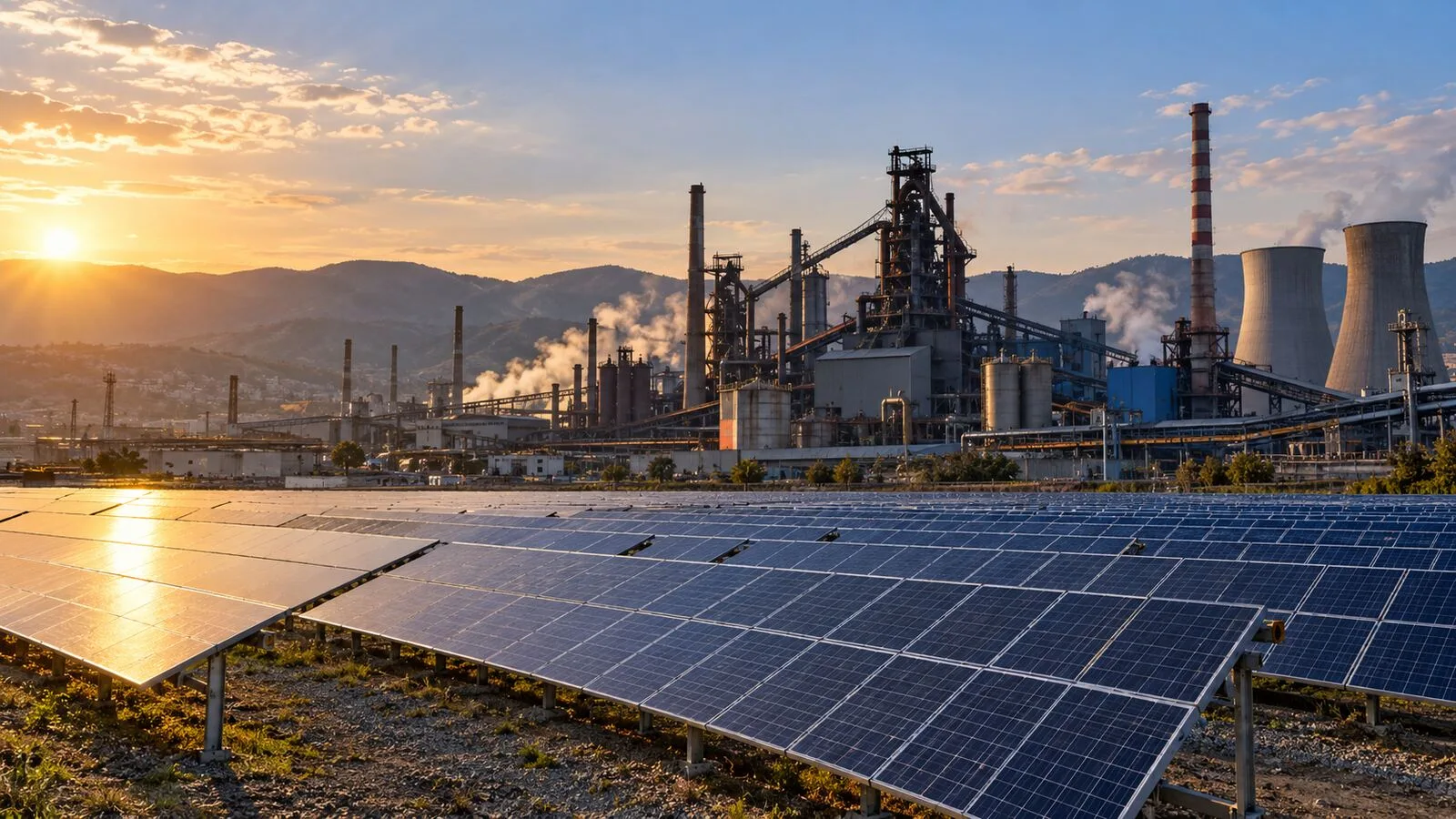 Çelik üretim tesisi önünde geniş güneş enerjisi santrali