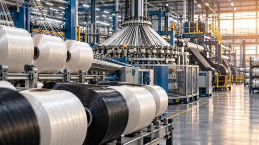 Teknik tekstil üretim hattında endüstriyel elyaf bobinleri