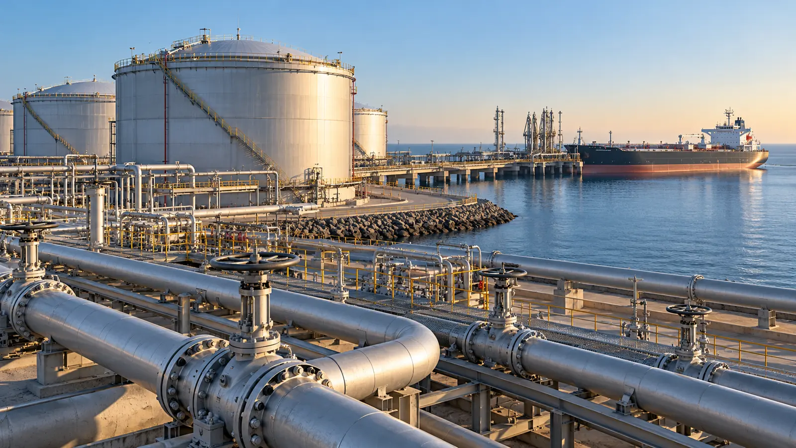 Petrol terminalinde depolama tankları, borular ve tanker