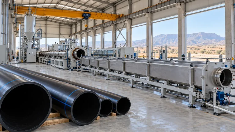 Fabrika içinde boru makineleri ve siyah borular