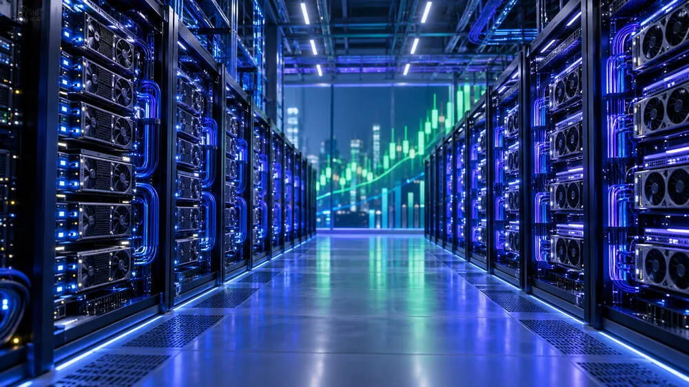 Yapay zekâ hesaplama kapasitesini temsil eden GPU sunucularla dolu modern veri merkezi