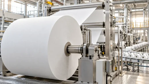 Beyaz büyük kağıt bobininin paslanmaz çelik üretim silindirlerine uzandığı fabrika hattı