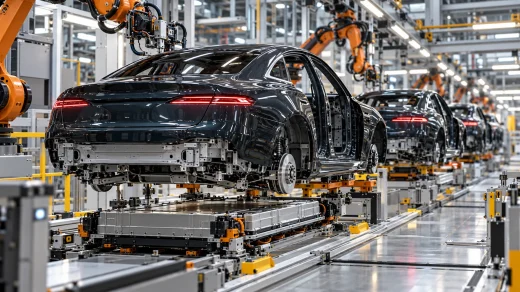 Robot kollarının bulunduğu otomobil montaj hattında ilerleyen logosuz sedan gövdeleri.