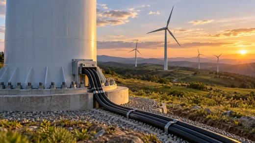 Rüzgâr türbini tabanı, elektrik kabloları ve tepelerdeki türbinler