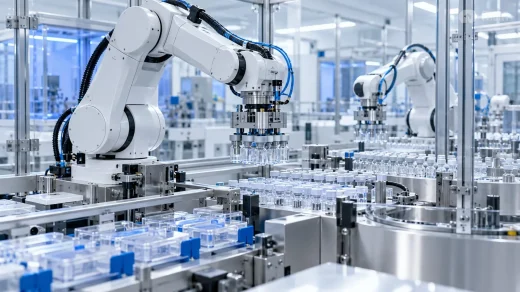 Steril biyolojik ilaç üretim hattında şişeleri taşıyan robot kollar