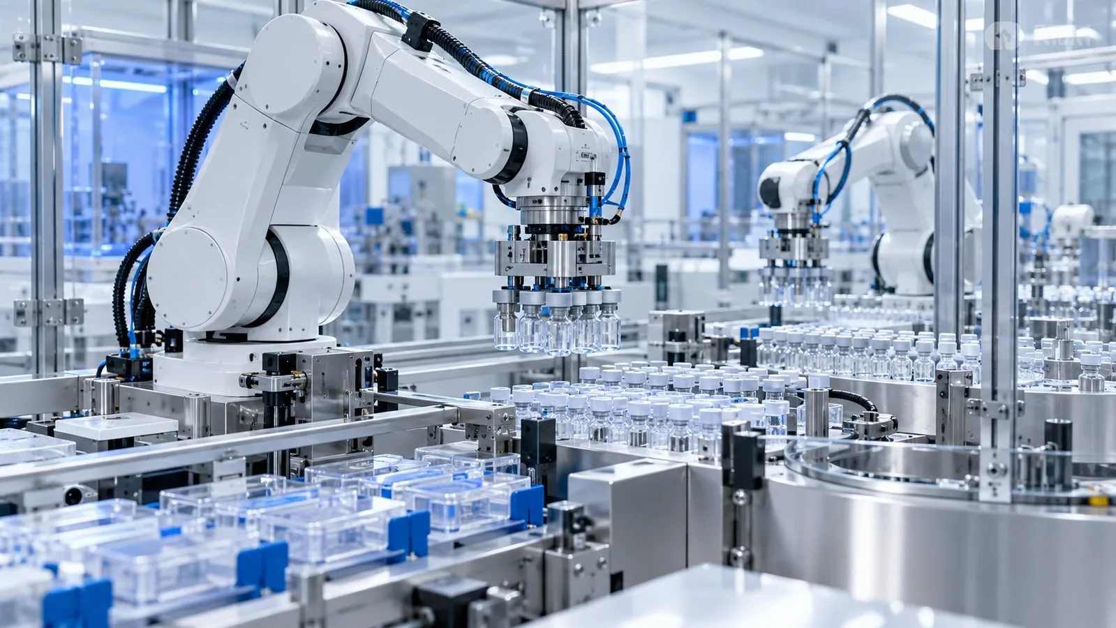 Steril biyolojik ilaç üretim hattında şişeleri taşıyan robot kollar