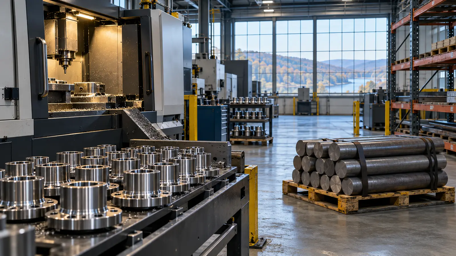 Fabrikada işlenen metal parçalar ve malzeme rafları