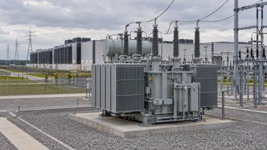 Veri merkezi önünde elektrik trafosu ve iletim hatları
