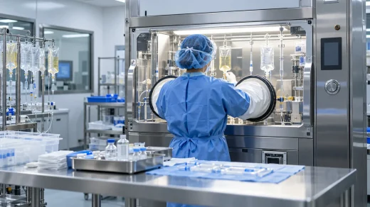 Steril laboratuvarda kapalı sistem içinde kemoterapi ilacı hazırlayan sağlık çalışanı