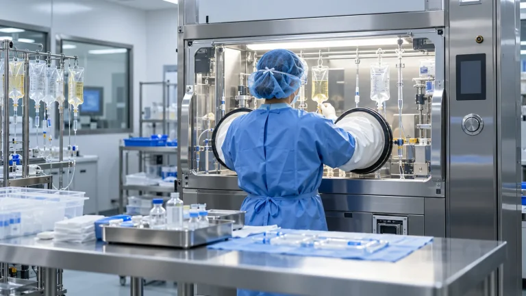 Steril laboratuvarda kapalı sistem içinde kemoterapi ilacı hazırlayan sağlık çalışanı