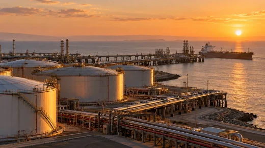 Gün batımında ham petrol depolama tankları, boru hatları ve kıyı terminalindeki tanker görülüyor.