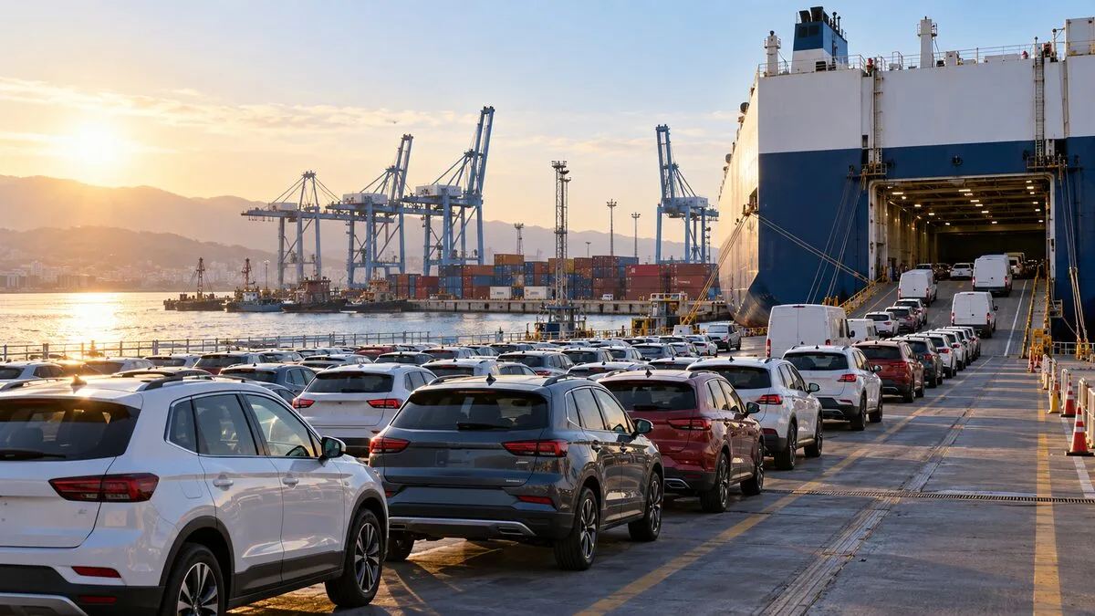 İhracat limanında gemiye yüklenen otomobiller ve ticari araçlar