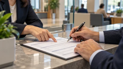 Banka gişesinde yatırım formunu inceleyen eller