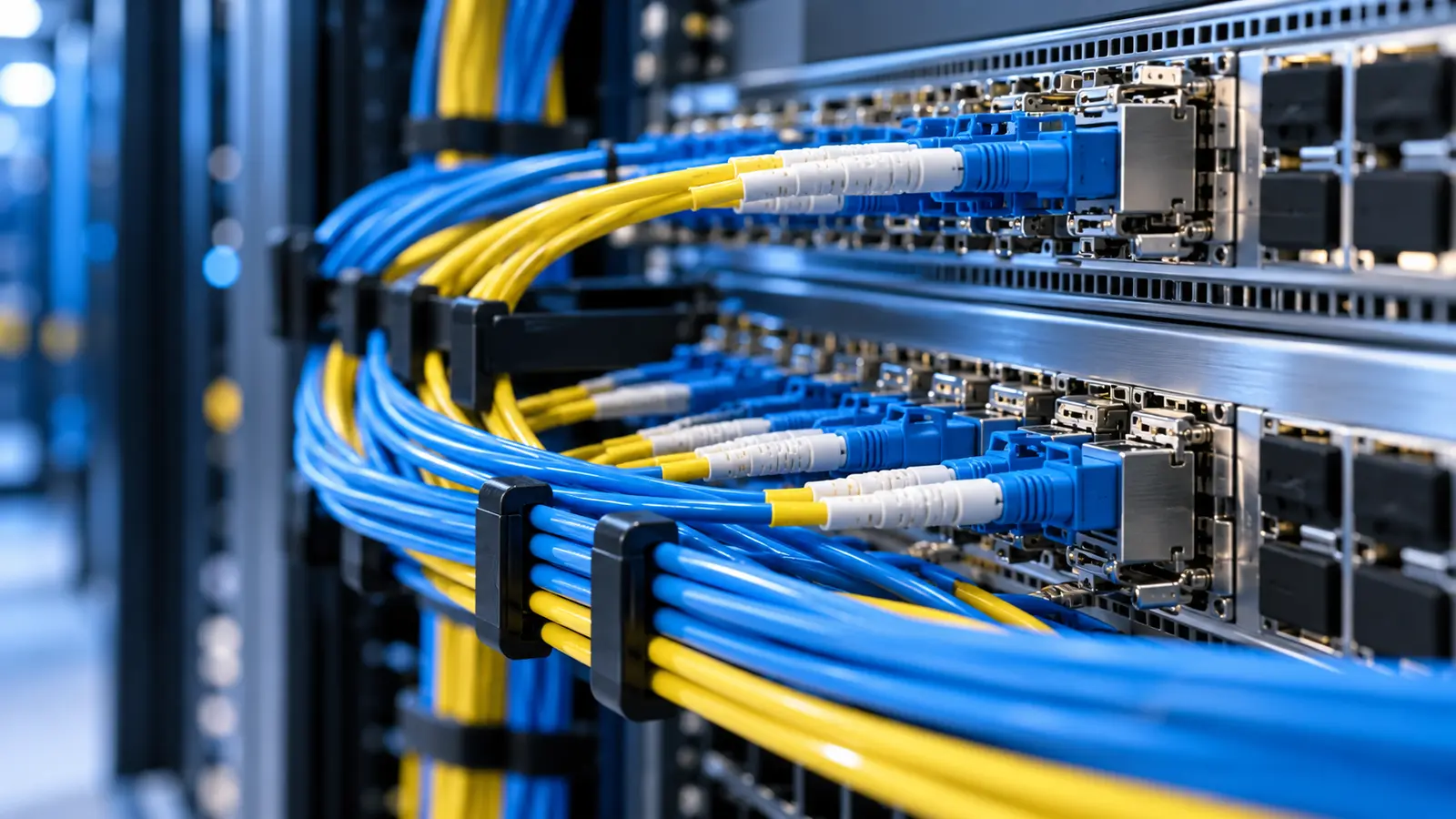 Ağ kabininde mavi ve sarı fiber kablolar