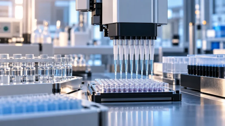 Laboratuvarda mikroplaka üzerinde robotik pipet ve numune şişeleri