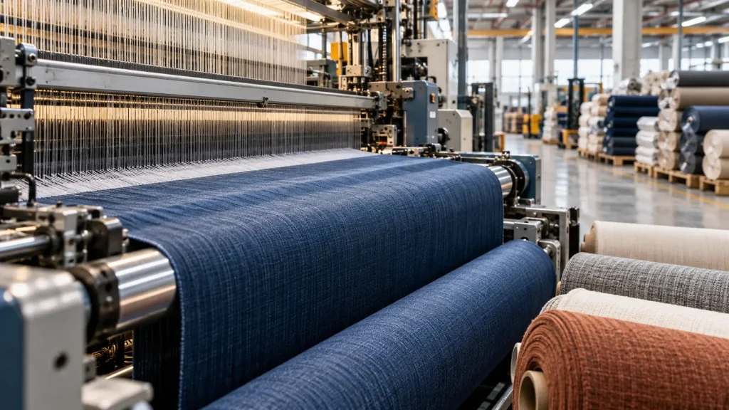 Modern tekstil fabrikasında dokuma makinesi ve kumaş ruloları
