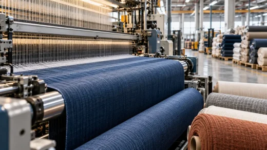 Modern tekstil fabrikasında dokuma makinesi ve kumaş ruloları