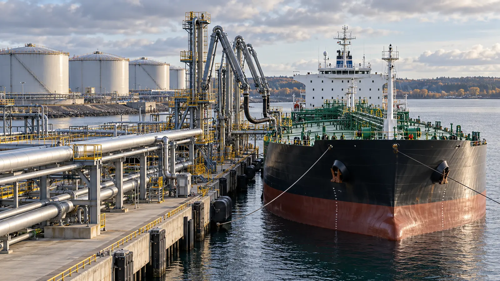 Yakıt terminalinde boru hatları ve iskeleye yanaşmış tanker