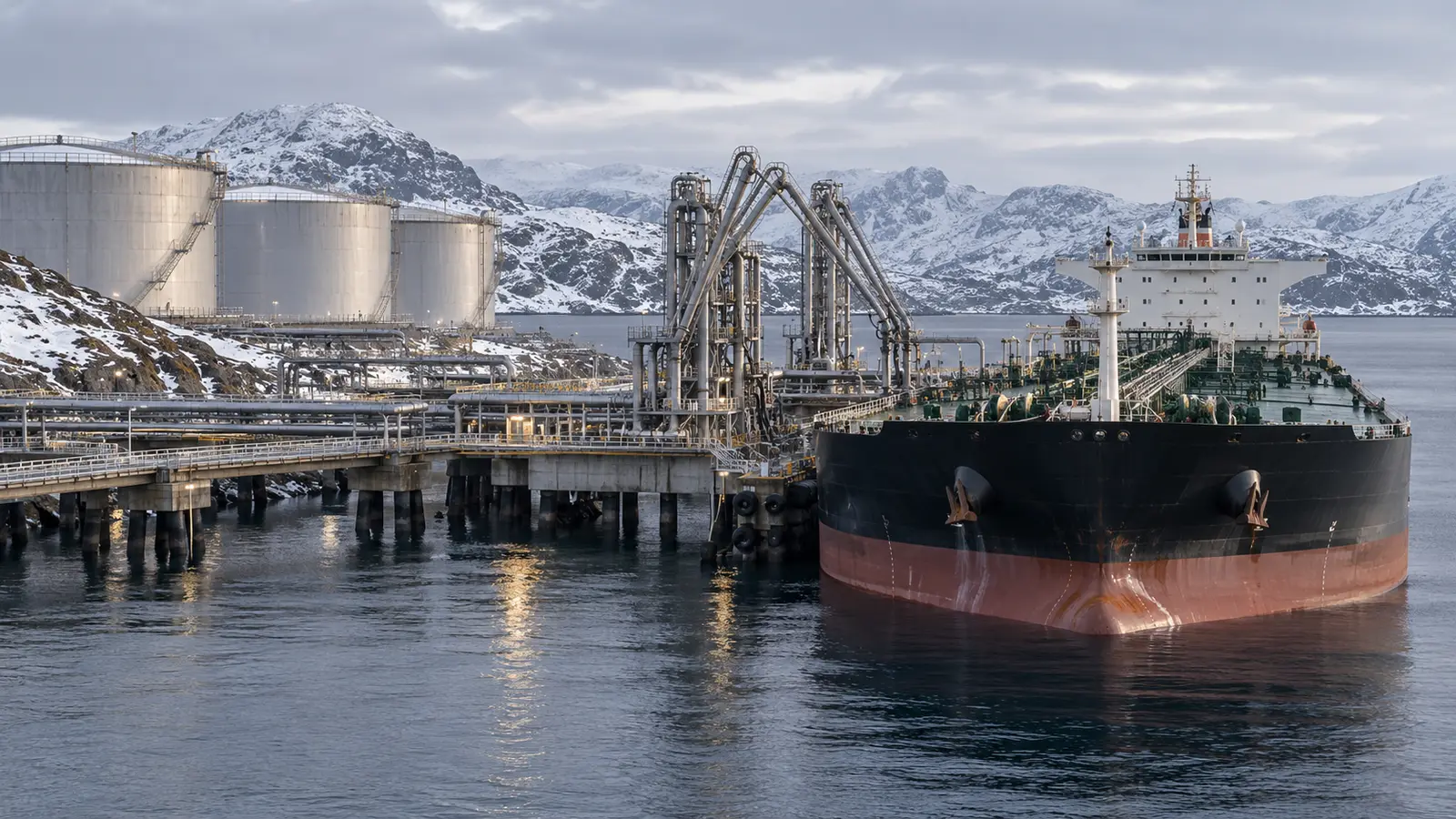 Petrol terminaline yanaşmış tanker ve depolama tankları