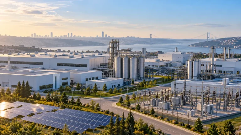 Sanayi tesisleri, güneş panelleri ve elektrik ekipmanları