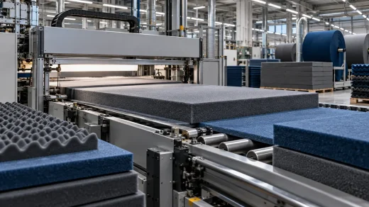 Modern tesiste mavi ve gri teknik sünger levhaların üretim hattı