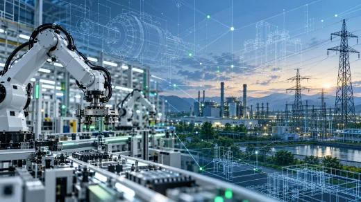 Endüstriyel yazılım ve enerji otomasyonunu temsil eden fabrika ve mühendislik verileri