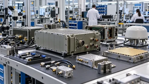 Modern bir savunma elektroniği üretim tesisinde monte edilen metal ve elektronik bileşenler görülüyor.