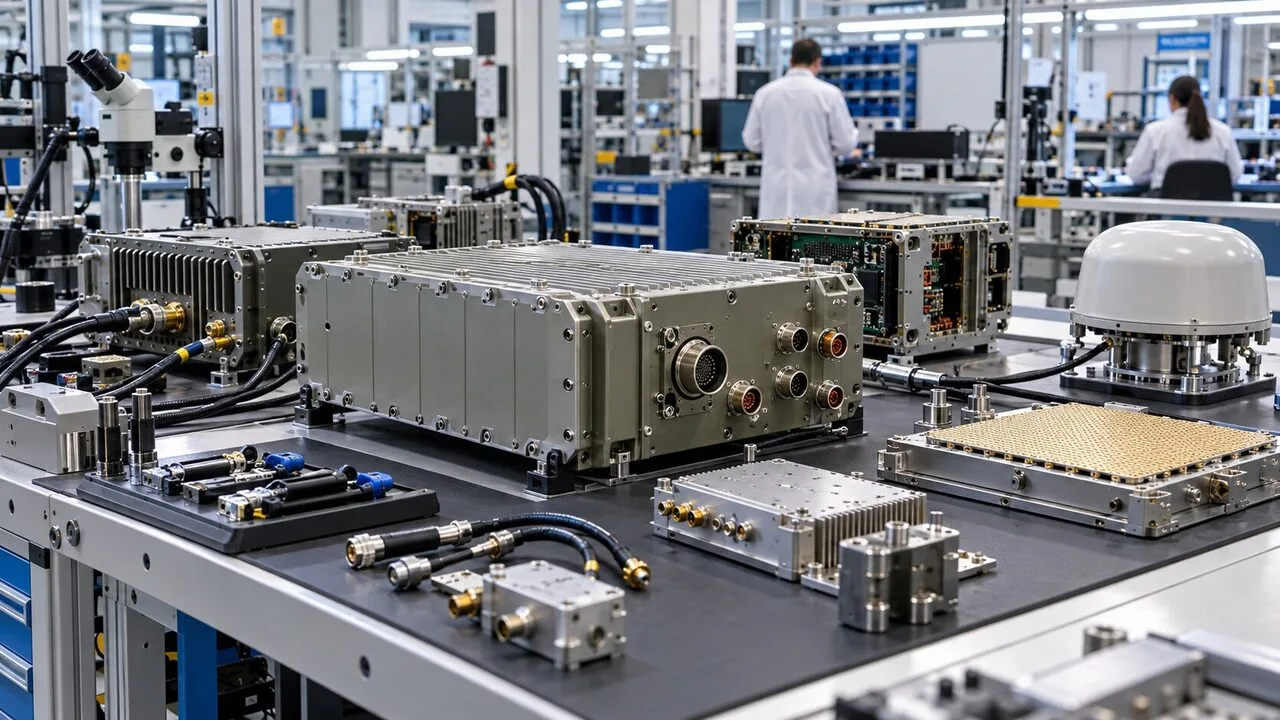 Modern bir savunma elektroniği üretim tesisinde monte edilen metal ve elektronik bileşenler görülüyor.